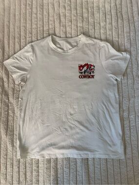 SHEIN White Short Sleeve Cowboy Graphic Tee with Red Accent